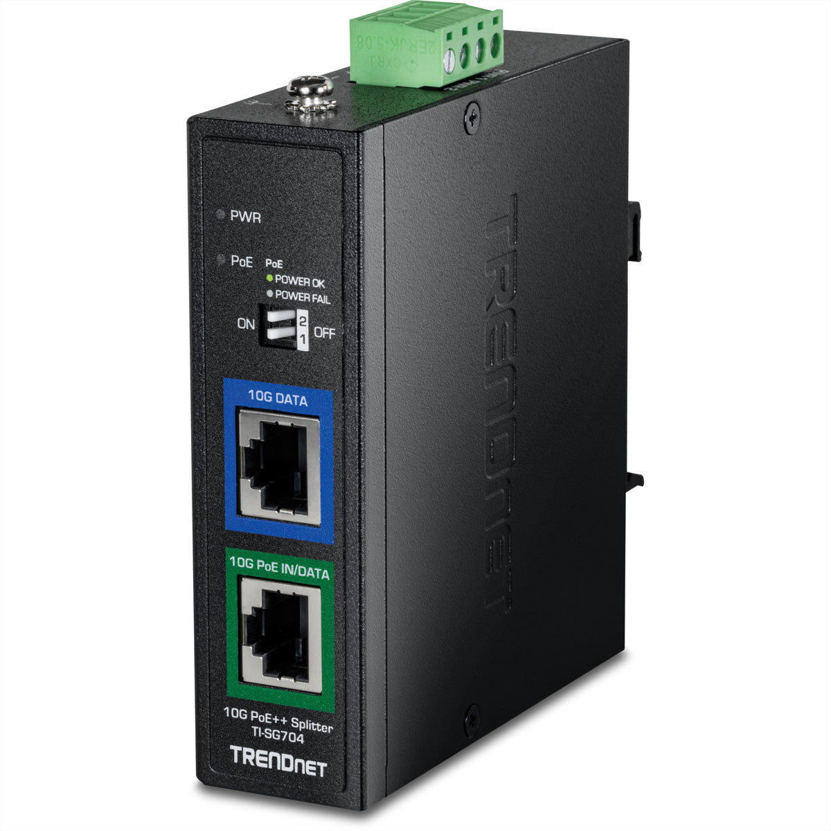 TRENDnet TI-SG704 PoE-Splitter – 10 Gbit/s, PoE++ (IEEE 802.3bt), 1× PoE, 2 Ports, Hutschiene, IP50, Schwarz