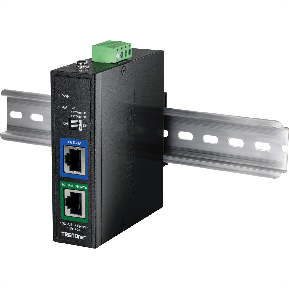 TRENDnet TI-SG704 PoE-Splitter – 10 Gbit/s, PoE++ (IEEE 802.3bt), 1× PoE, 2 Ports, Hutschiene, IP50, Schwarz