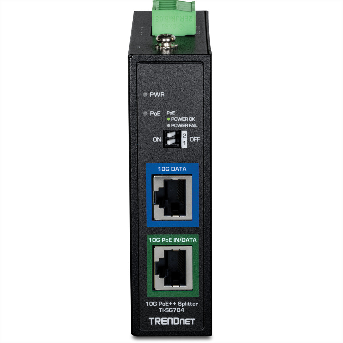 TRENDnet TI-SG704 PoE-Splitter – 10 Gbit/s, PoE++ (IEEE 802.3bt), 1× PoE, 2 Ports, Hutschiene, IP50, Schwarz