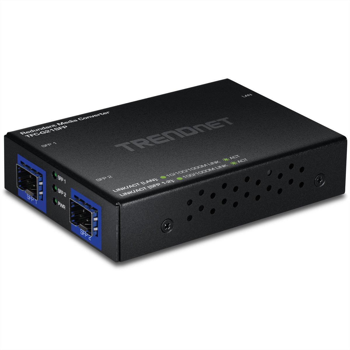 TRENDnet TFC-G21SFP Medienkonverter – RJ-45 zu 2× SFP, Gigabit (1000BASE-T), redundanter SFP-Uplink – Schwarz
