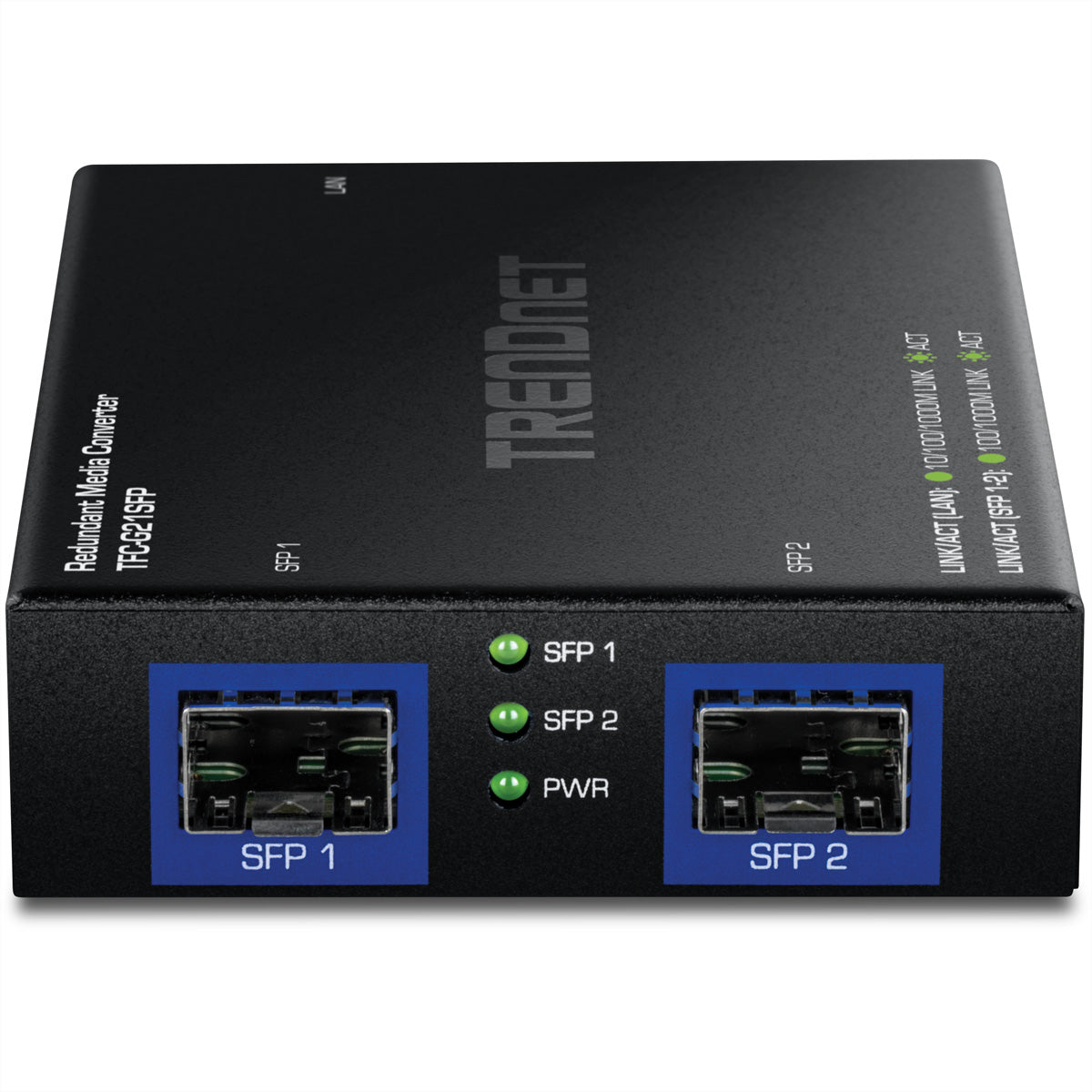 TRENDnet TFC-G21SFP Medienkonverter – RJ-45 zu 2× SFP, Gigabit (1000BASE-T), redundanter SFP-Uplink – Schwarz