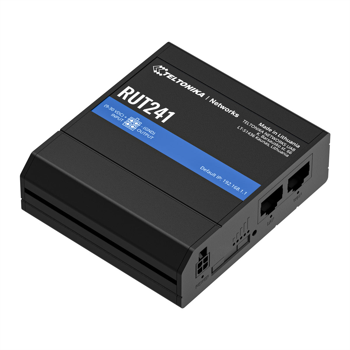 Teltonika RUT241 WLAN-Router – 4G LTE (Kat 4), Wi-Fi 4 (802.11n), 2× 10/100 Mbit/s, DIN-Schiene, RMS, schwarz