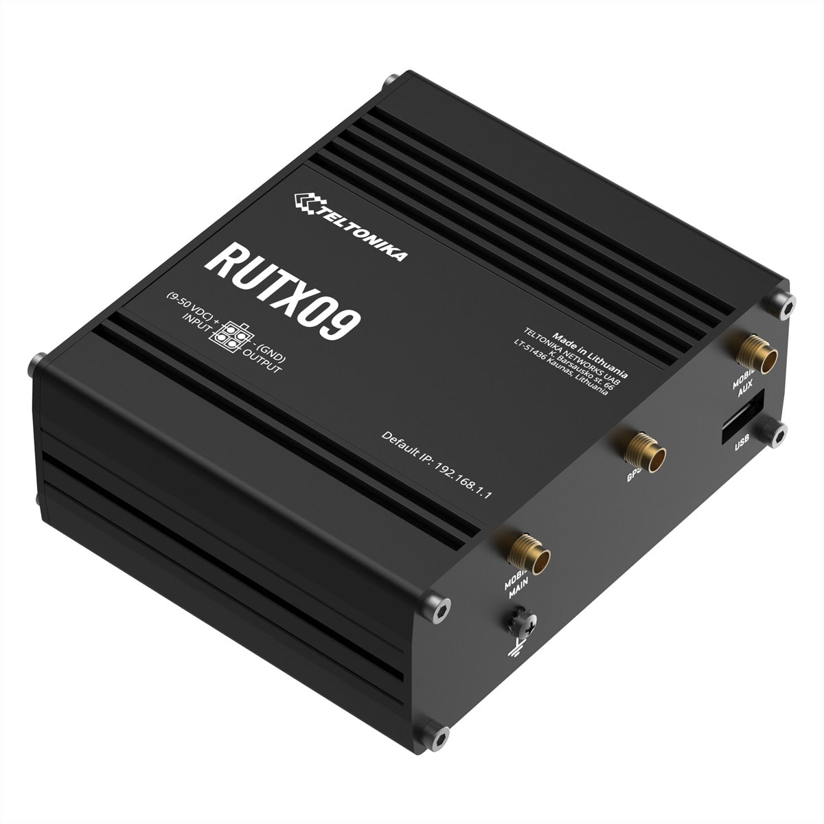 Teltonika RUTX09 Router – LTE‑A (Cat 6), Dual‑SIM, 3× Gigabit‑Ethernet (RJ‑45), GNSS, 9–50 V