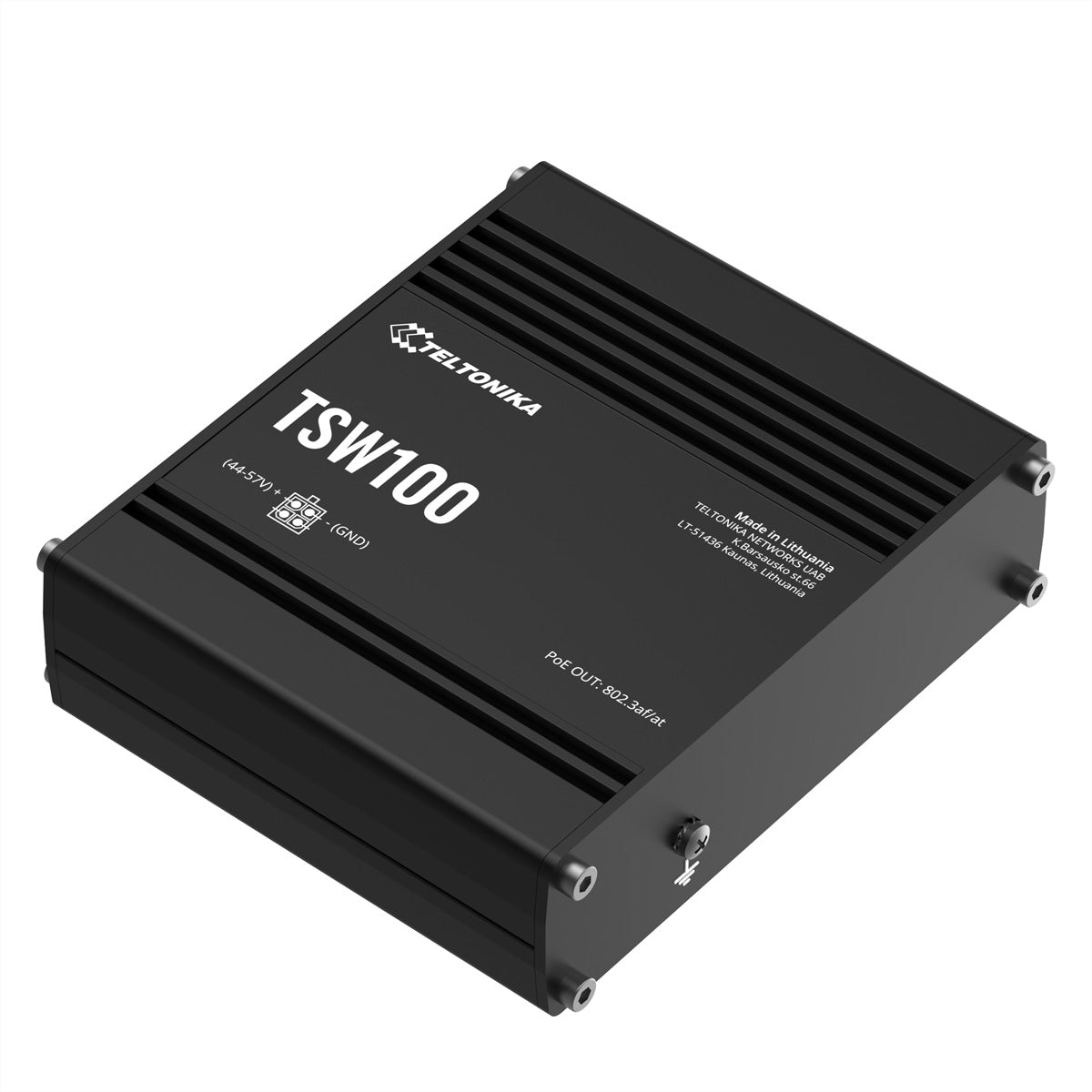 Teltonika TSW100 – Unmanaged Switch – 5× 1G, 4× PoE+ (30 W/Port, PoE Budget 120 W), IP30