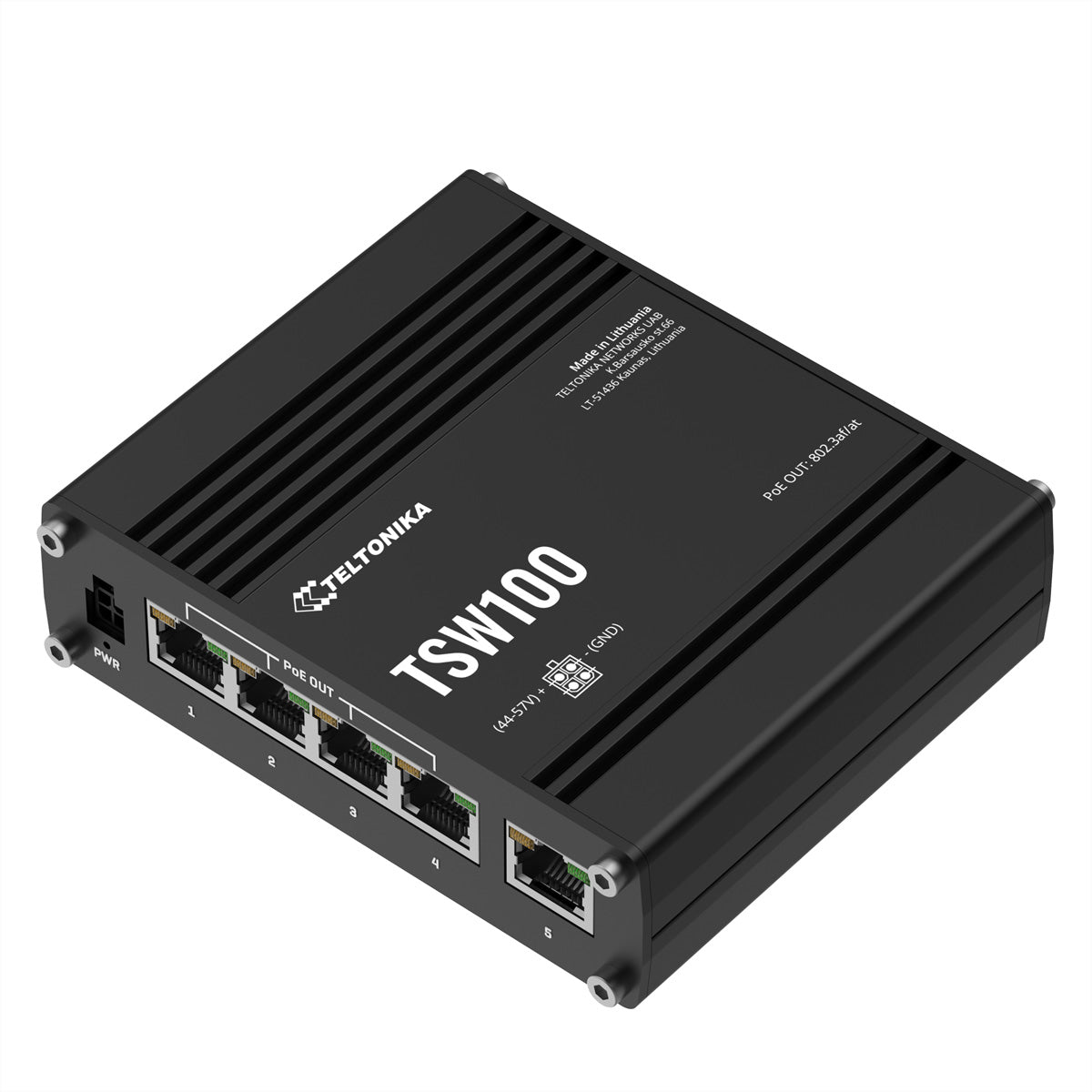 Teltonika TSW100 – Unmanaged Switch – 5× 1G, 4× PoE+ (30 W/Port, PoE Budget 120 W), IP30