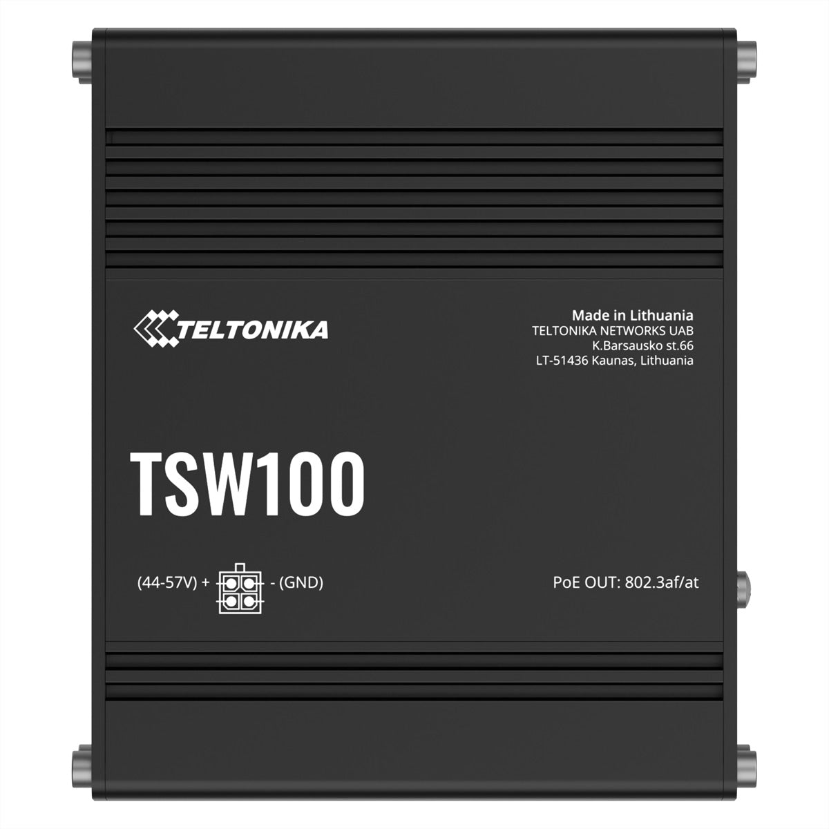Teltonika TSW100 – Unmanaged Switch – 5× 1G, 4× PoE+ (30 W/Port, PoE Budget 120 W), IP30