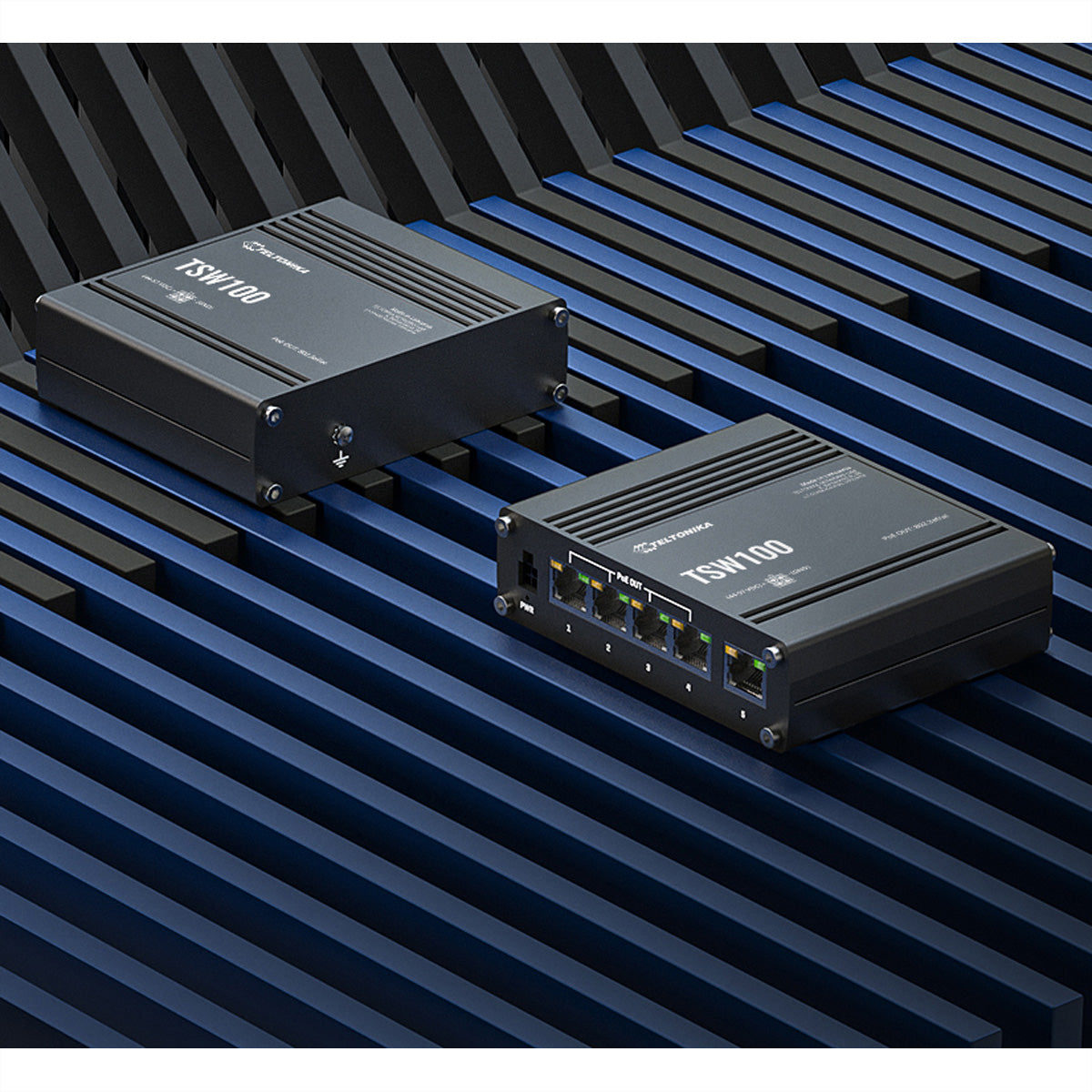Teltonika TSW100 – Unmanaged Switch – 5× 1G, 4× PoE+ (30 W/Port, PoE Budget 120 W), IP30