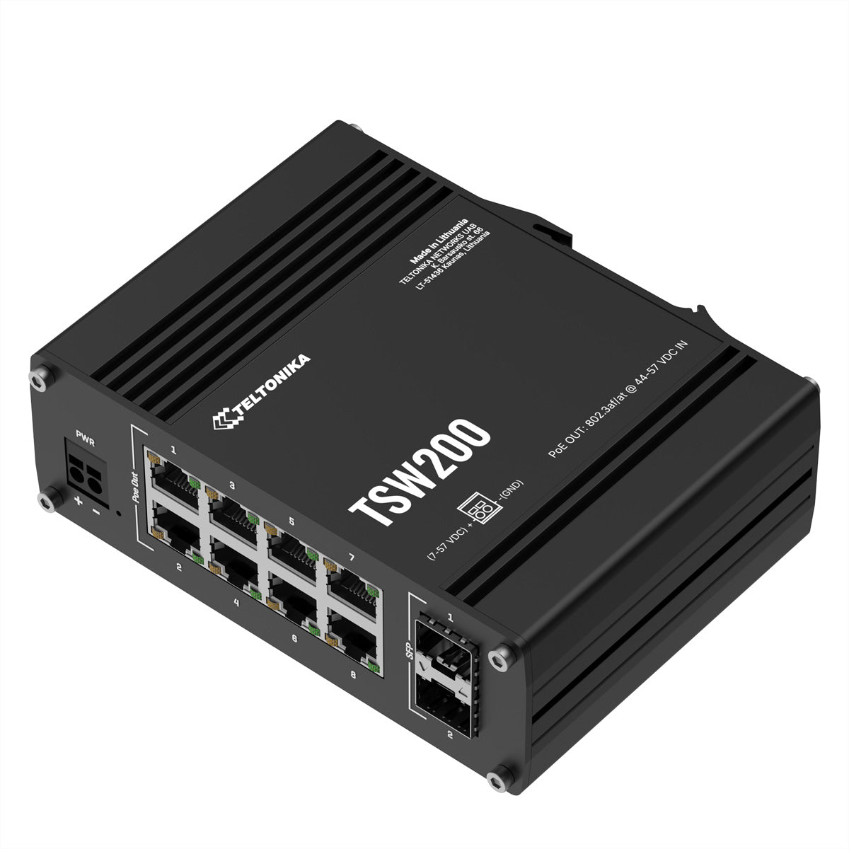 Teltonika TSW200 – Unmanaged Switch – 8× 1G, 2× SFP, PoE+, PoE-Budget 240 W, 19"