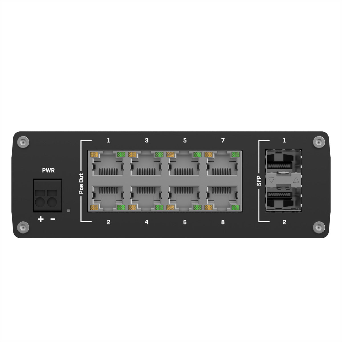 Teltonika TSW200 – Unmanaged Switch – 8× 1G, 2× SFP, PoE+, PoE-Budget 240 W, 19"
