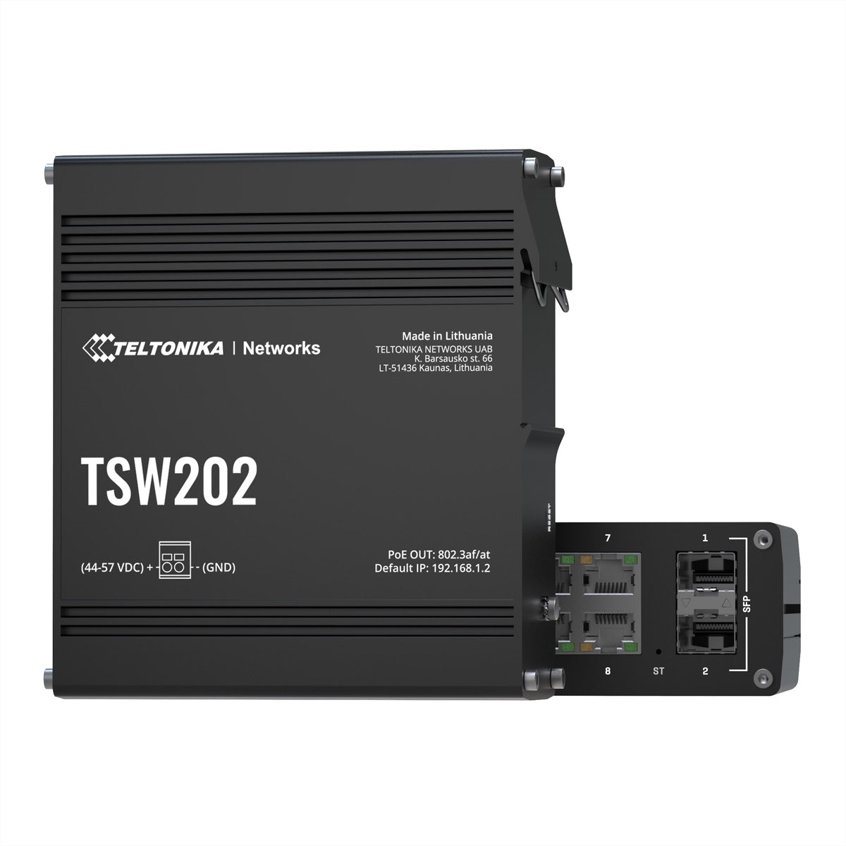 Teltonika TSW202 – Managed L2/L3 Switch – 8× 1G, 2× SFP, PoE+, PoE-Budget 240 W, DIN-Schiene