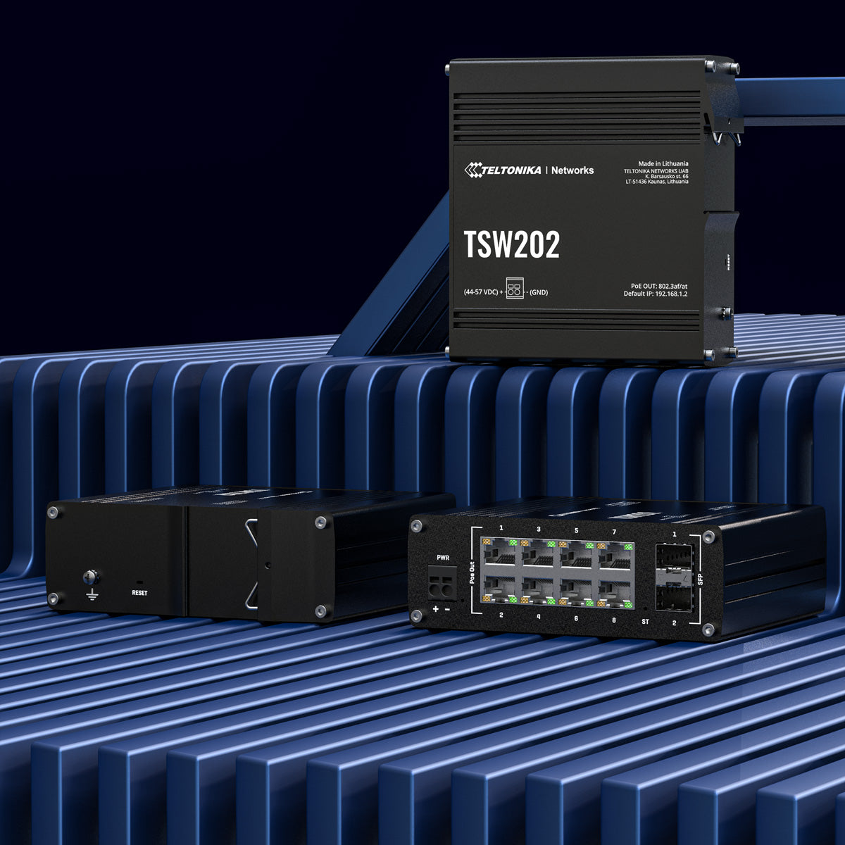 Teltonika TSW202 – Managed L2/L3 Switch – 8× 1G, 2× SFP, PoE+, PoE-Budget 240 W, DIN-Schiene