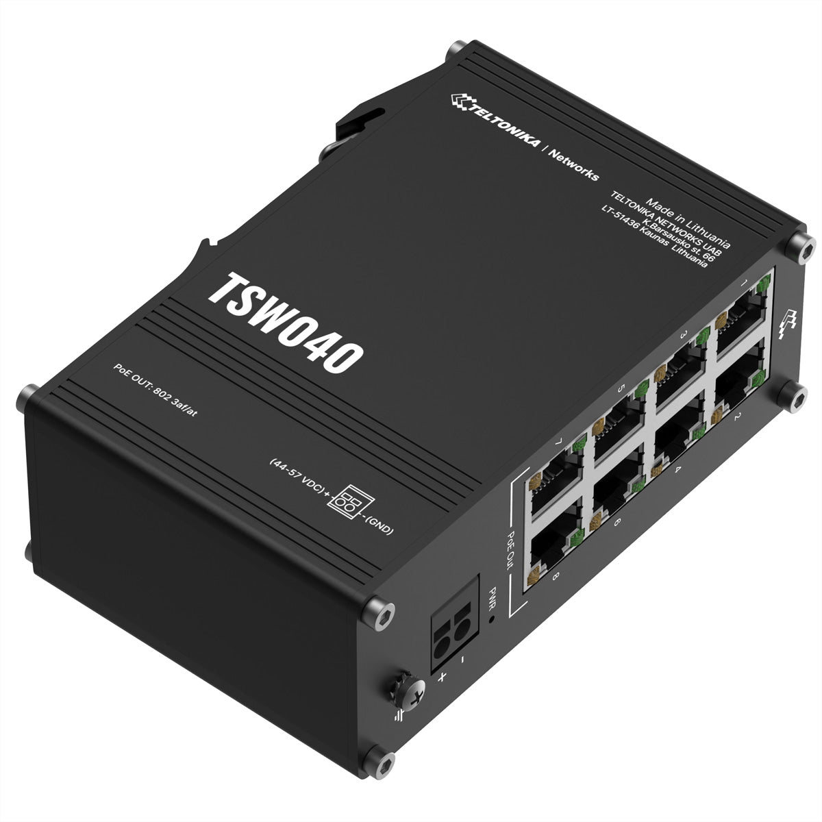 Teltonika TSW040 – Unmanaged Switch – 8× 10/100 Mbit/s, PoE+, PoE-Budget 240 W, DIN-Schiene