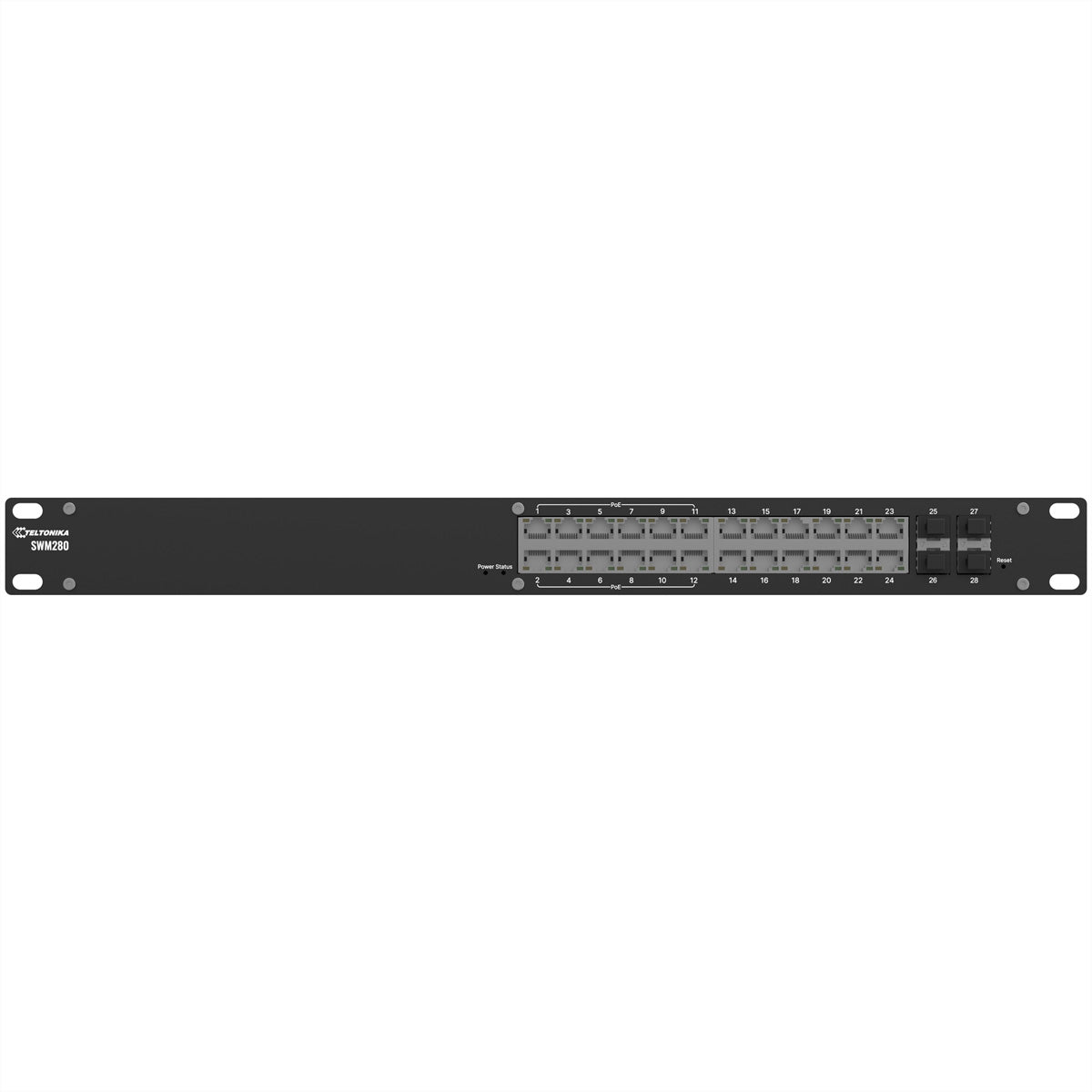 Teltonika SWM280 – Managed L2/L3 Switch – 24× 1G (12× PoE+), 4× SFP, PoE-Budget 300 W, 19", 1U