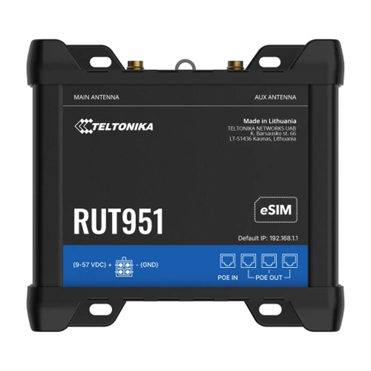Teltonika RUT951 – WLAN-Router – 4G LTE (Kat 4), 4× 10/100, PoE+ (PoE-In/PoE-Out), Dual-SIM, eSIM