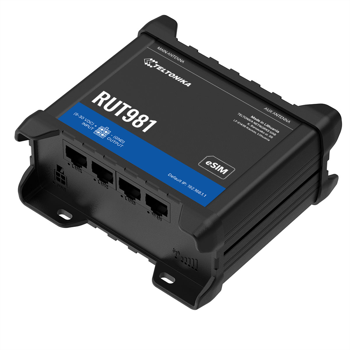 Teltonika RUT981 – LTE-Router, Wi-Fi 4, 2,4 GHz, 3x LAN (Fast Ethernet), Dual-SIM und eSIM, Schwarz