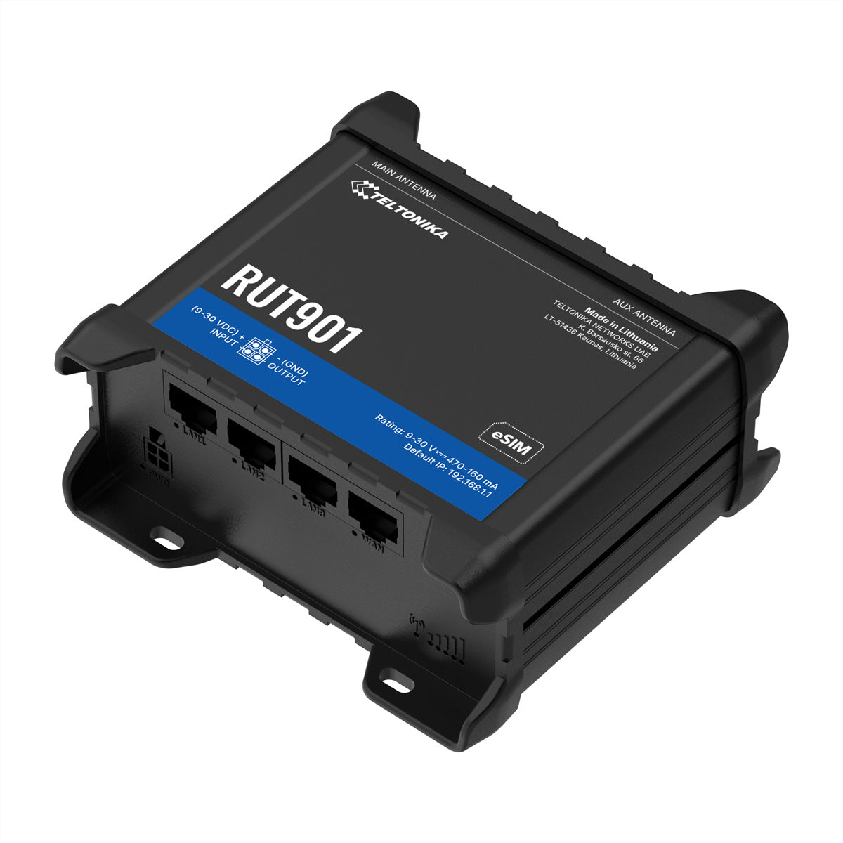 Teltonika RUT901 – LTE (Cat 4) Router, Wi‑Fi 4, 3× 10/100 Mbit/s LAN, RJ‑45 WAN, eSIM, Dual‑SIM, Schwarz