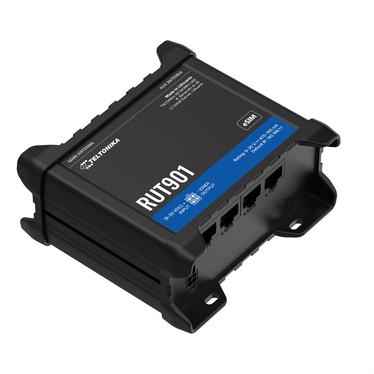 Teltonika RUT901 – LTE (Cat 4) Router, Wi‑Fi 4, 3× 10/100 Mbit/s LAN, RJ‑45 WAN, eSIM, Dual‑SIM, Schwarz