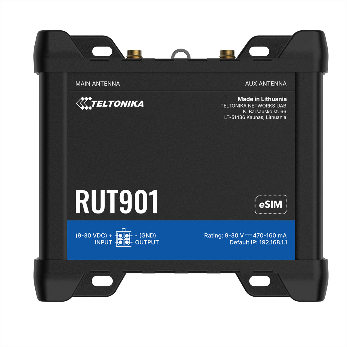 Teltonika RUT901 – LTE (Cat 4) Router, Wi‑Fi 4, 3× 10/100 Mbit/s LAN, RJ‑45 WAN, eSIM, Dual‑SIM, Schwarz