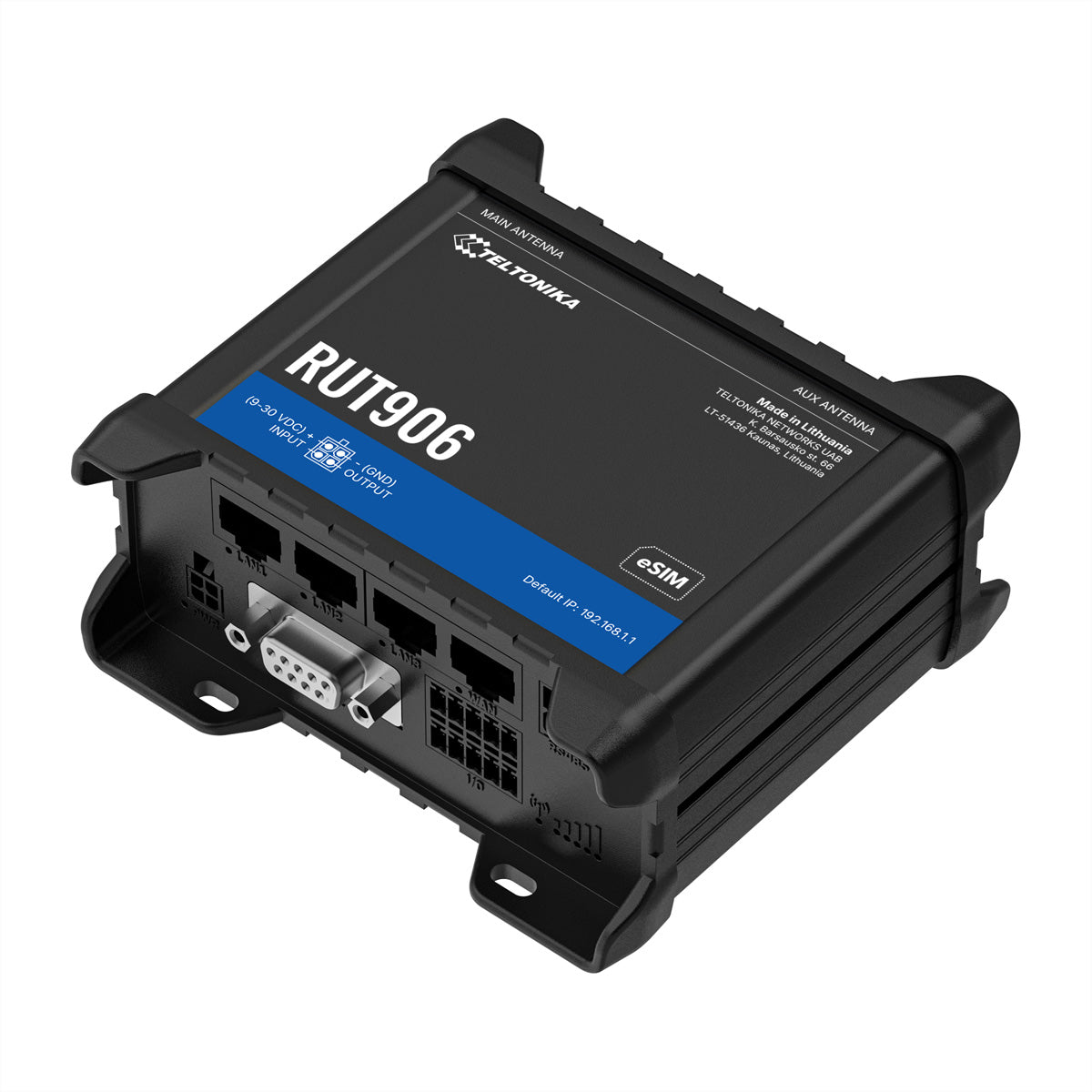 Teltonika RUT906 – 4G Router, Wi‑Fi 4 (2,4 GHz), 3× Fast Ethernet, RS232/RS485, Dual‑SIM (eSIM), Schwarz