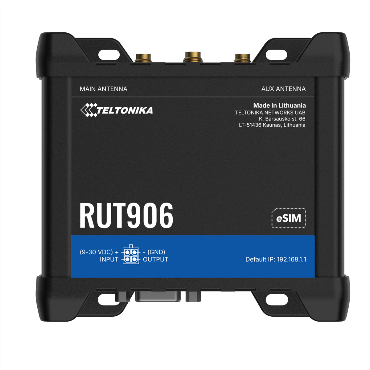 Teltonika RUT906 – 4G Router, Wi‑Fi 4 (2,4 GHz), 3× Fast Ethernet, RS232/RS485, Dual‑SIM (eSIM), Schwarz