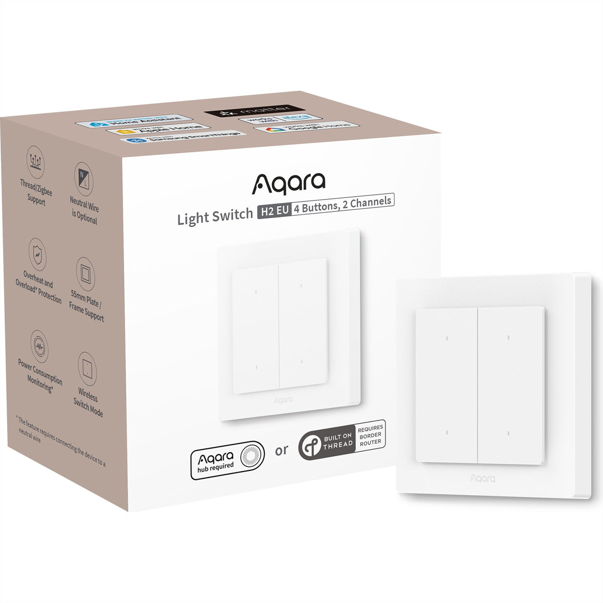 Aqara H2 – Smart-Taster – Bluetooth, WLAN, 2 Kanäle – für Matter, Zigbee 3.0, Thread