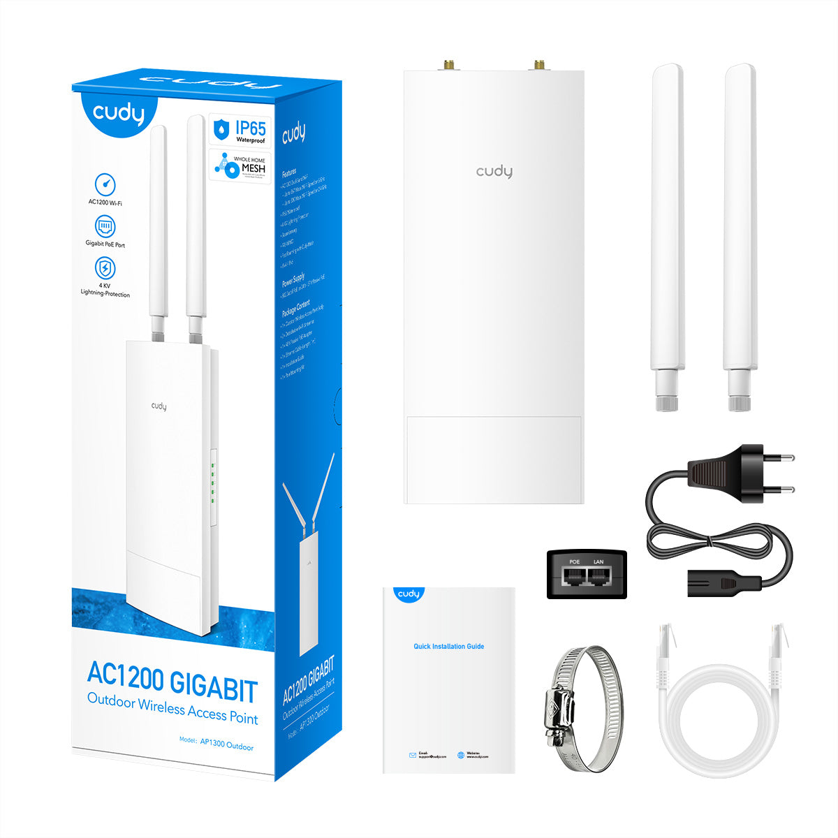 Cudy AP1300 – Access Point – Wi‑Fi 5 (2,4/5 GHz), 1,2 Gbit/s, GbE, PoE+, Wand/Stange