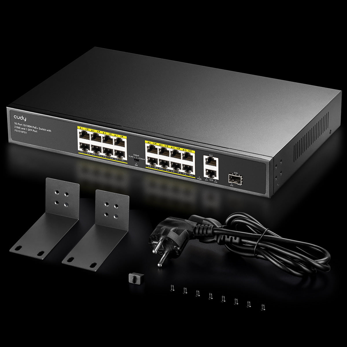 Cudy FS1018PS1 – Managed Switch – 16×10/100, 2×GbE, 1×SFP, PoE+ 200 W, 1U