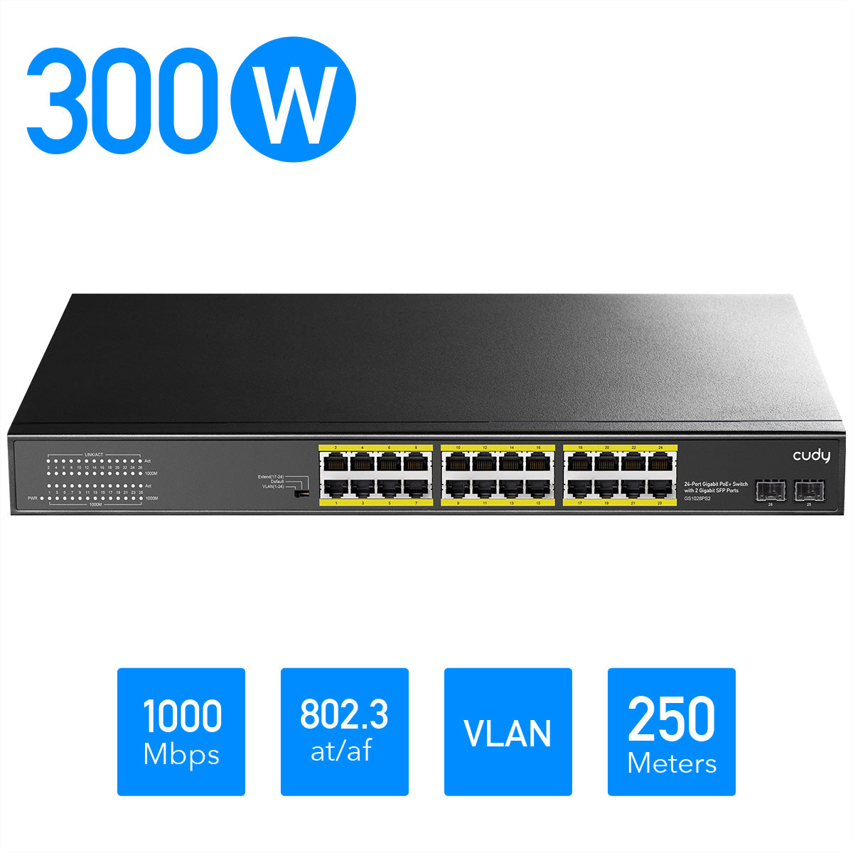 Cudy GS1028PS2 – Switch – 24× 1G, 2× SFP, PoE+, PoE-Budget 300 W, 19", 1U