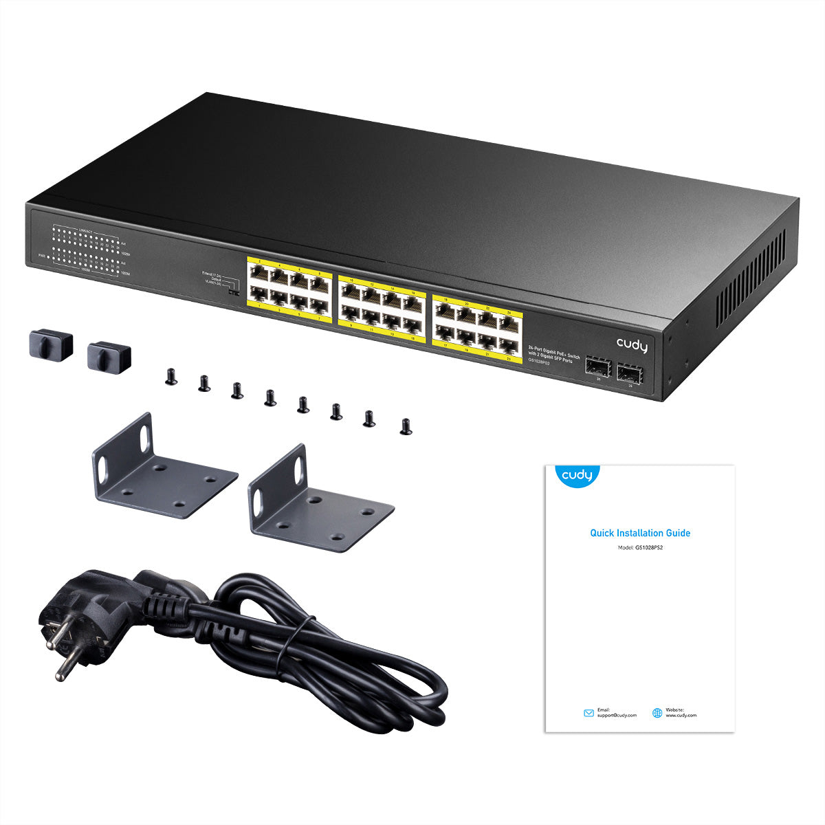 Cudy GS1028PS2 – Switch – 24× 1G, 2× SFP, PoE+, PoE-Budget 300 W, 19", 1U