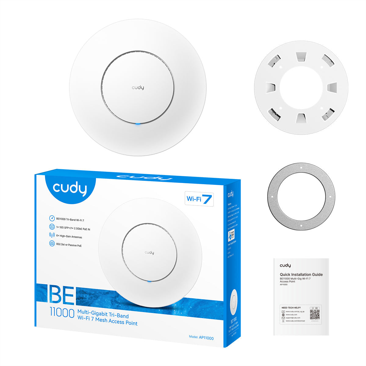 Cudy AP11000 – Access Point – Wi‑Fi 7 (2,4/5/6 GHz), 11,0 Gbit/s, 10GbE, 2,5GbE, PoE+, Wand/Decke