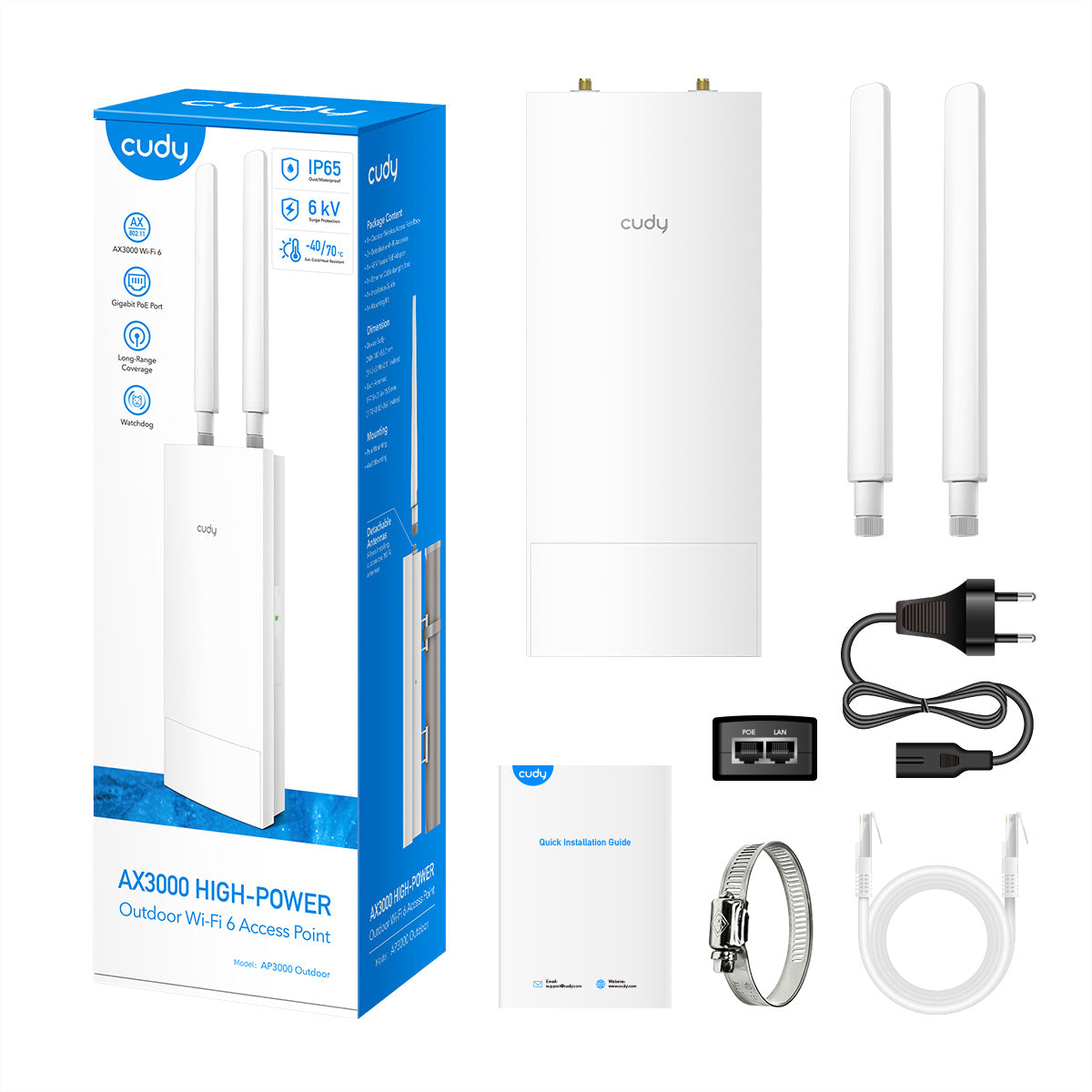 Cudy AP3000 – Access Point – Wi‑Fi 6 (2,4/5 GHz), 3,0 Gbit/s, GbE, PoE+, Wandmontage