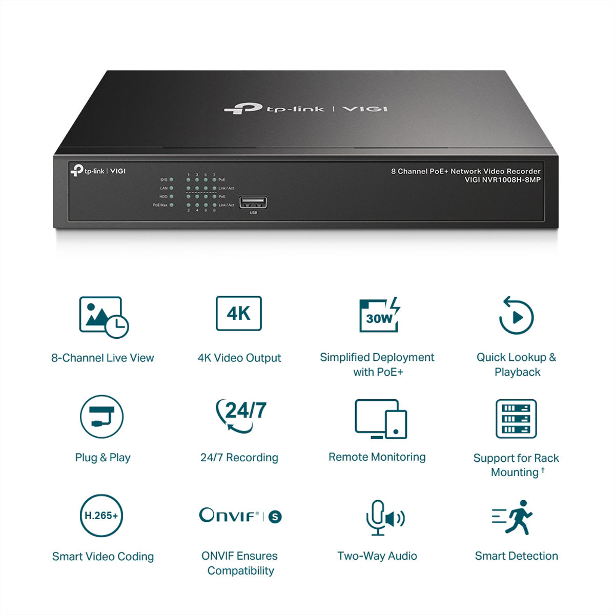 TP-Link VIGI NVR1008H (8 Kanäle) – NVR – 4K – PoE (119 W)