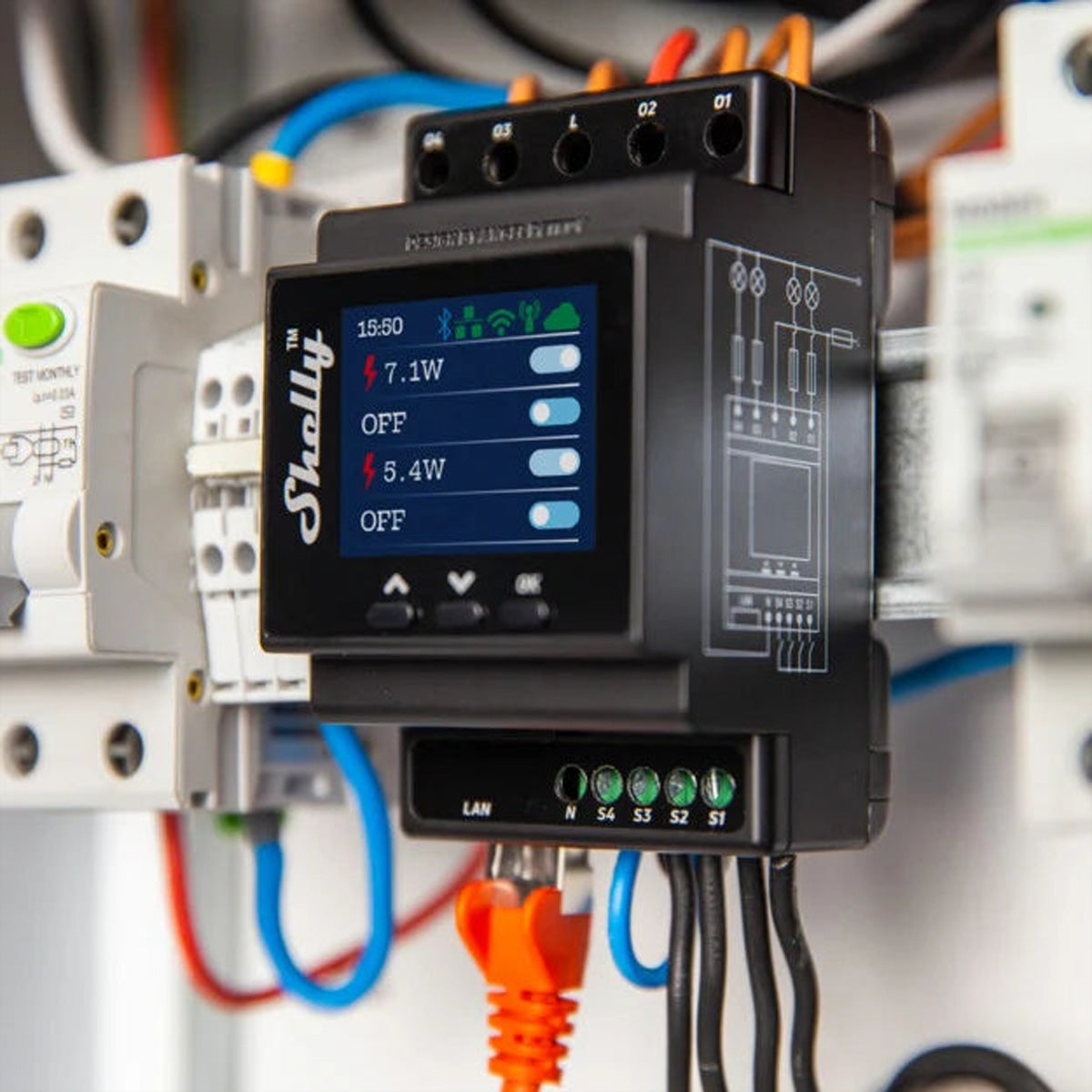 Shelly Pro 4PM – Schaltaktor – LAN, WLAN, Bluetooth, 4 Ausgänge (16 A), Leistungsmessung – für KNXnet/IP