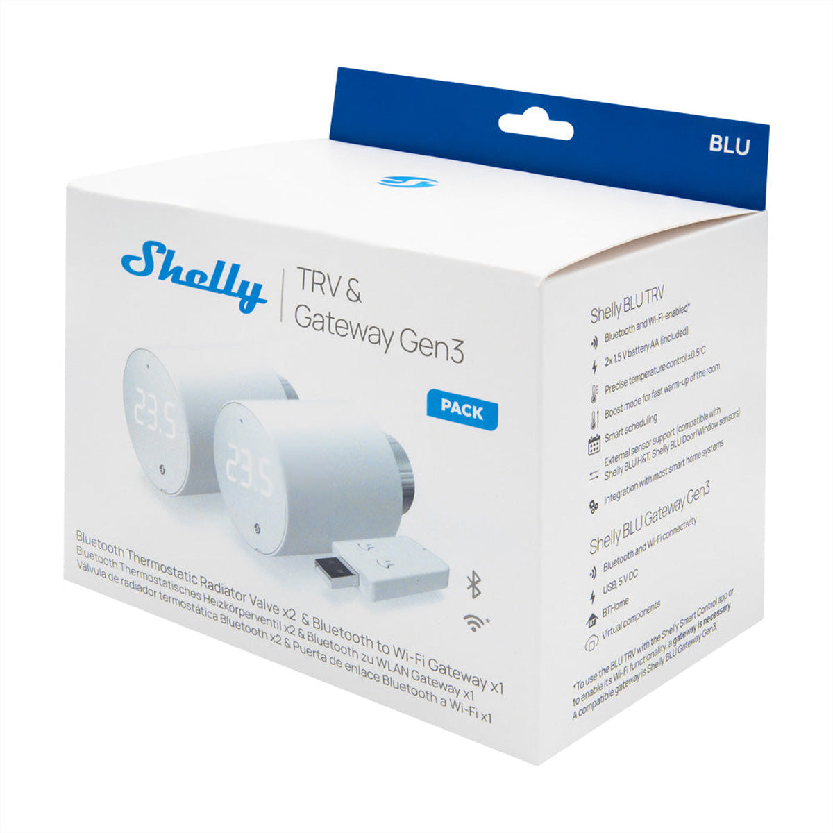 Shelly Heizkörperthermostat – Bluetooth, WLAN – für Heizkörperventile M30×1,5 mm – 3er-Set