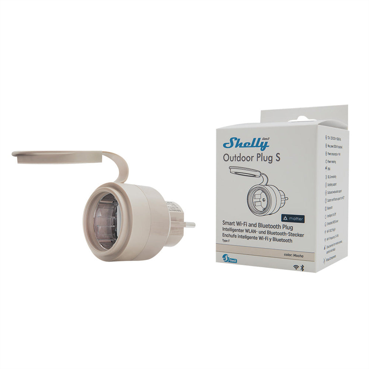 Shelly SmartPlug S Gen3 Outdoor – Smart-Steckdose – Verbrauchsmessung – für Matter, Apple HomeKit und andere