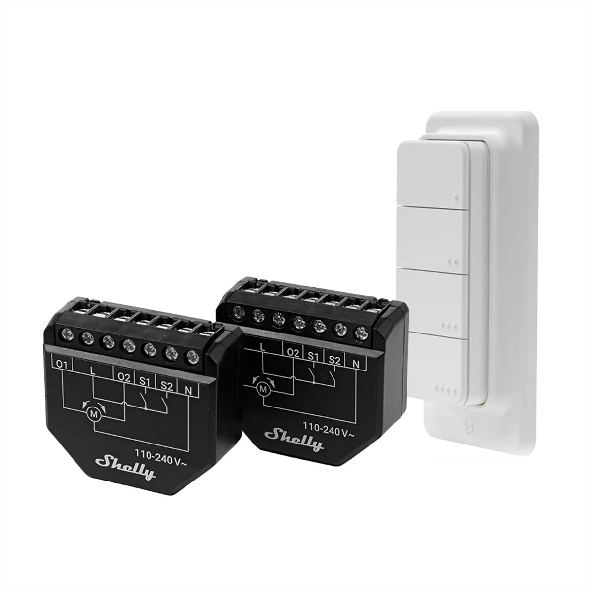Shelly Shutter X2 – Schaltaktor – 4× BLU RC Taster, Leistungsmessung – für Rollläden und mehr – 2er-Set