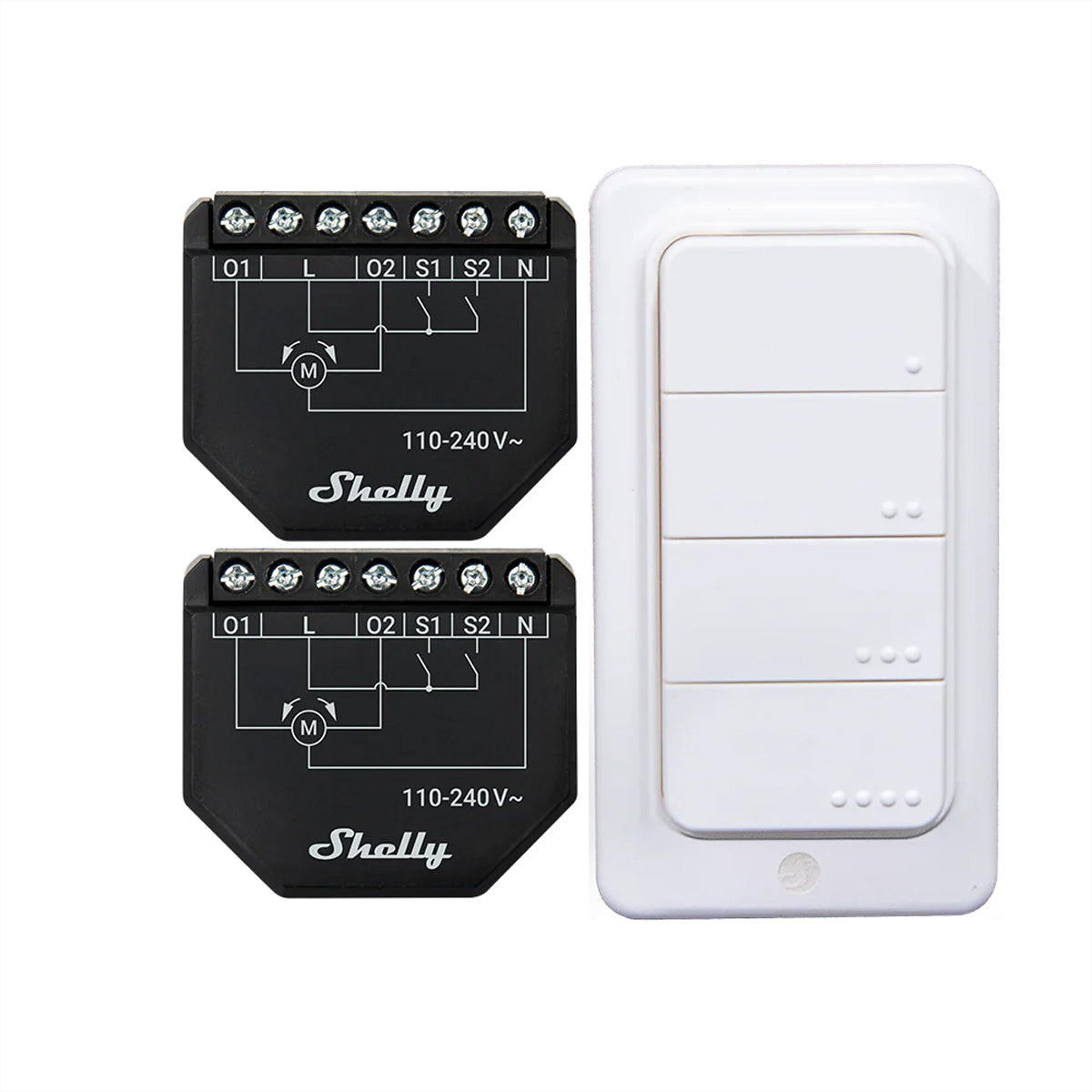 Shelly Shutter X2 – Schaltaktor – 4× BLU RC Taster, Leistungsmessung – für Rollläden und mehr – 2er-Set