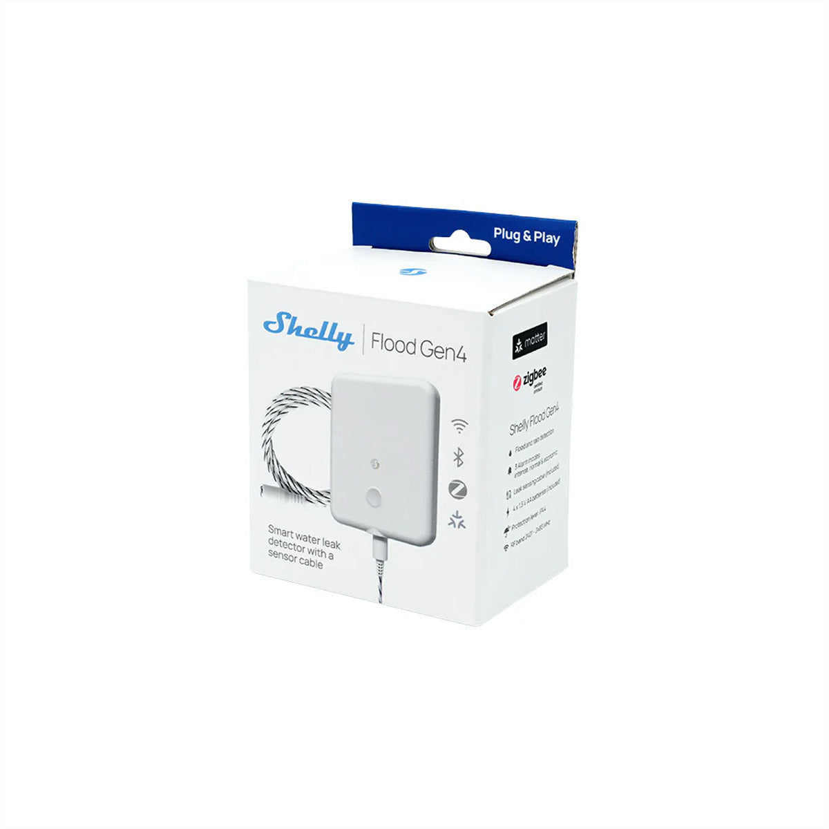 Shelly Flood Gen4 – Wassermelder, WLAN, Bluetooth, Zigbee, Matter, 2 m Sensorkabel, IP44
