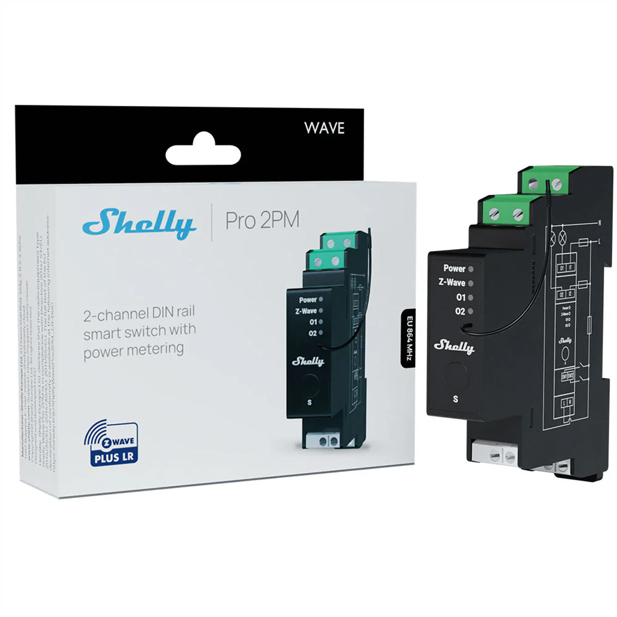 Shelly Wave Pro 2PM LR – Schaltaktor – Z-Wave Long Range, 2 Ausgänge, 16 A pro Kanal, 25 A Gesamt, DIN-Schiene