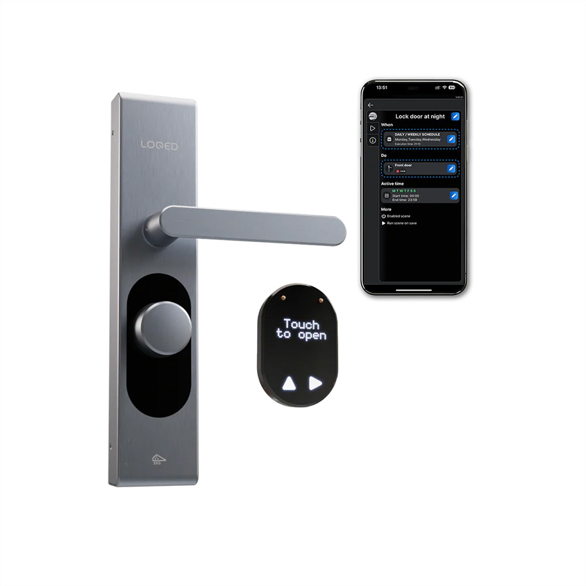 Shelly LOQED Türschloss – Touch, PIN, App, BT, WLAN, AA-Batterien, 60×69×284 mm, Silber