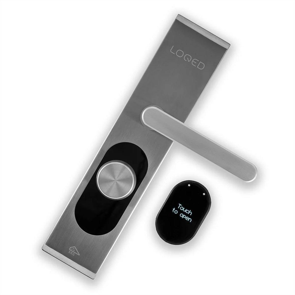 Shelly LOQED Türschloss – Touch, PIN, App, BT, WLAN, AA-Batterien, 60×69×284 mm, Silber