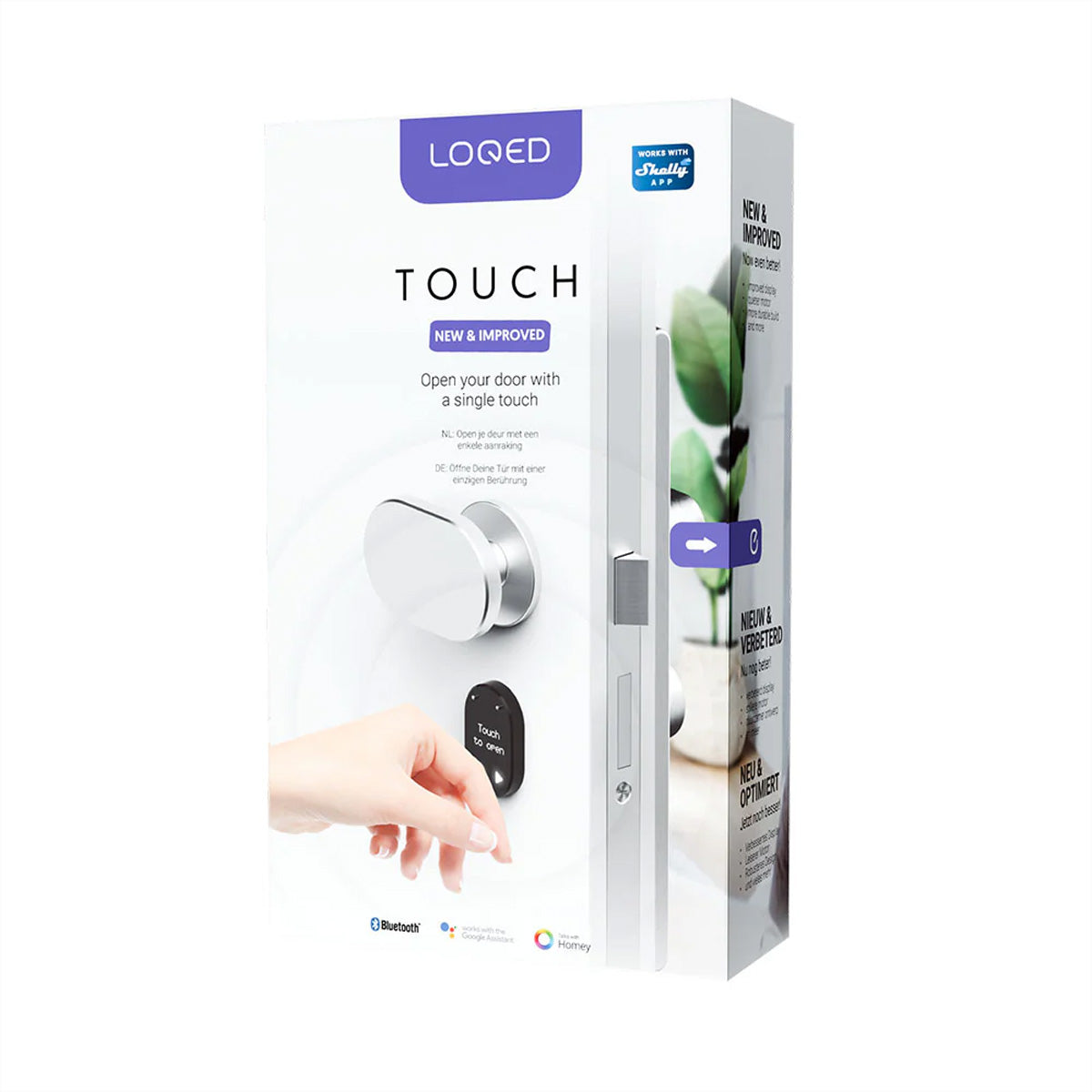 Shelly LOQED Türschloss – Touch, PIN, App, BT, WLAN, AA-Batterien, 60×69×284 mm, Silber