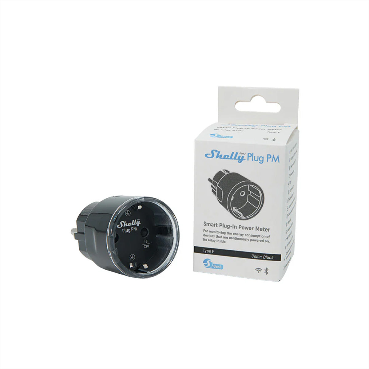 Shelly SmartPlug PM Gen3 – Smart-Steckdose – WLAN, Bluetooth, Verbrauchsmessung, 16 A – Schwarz