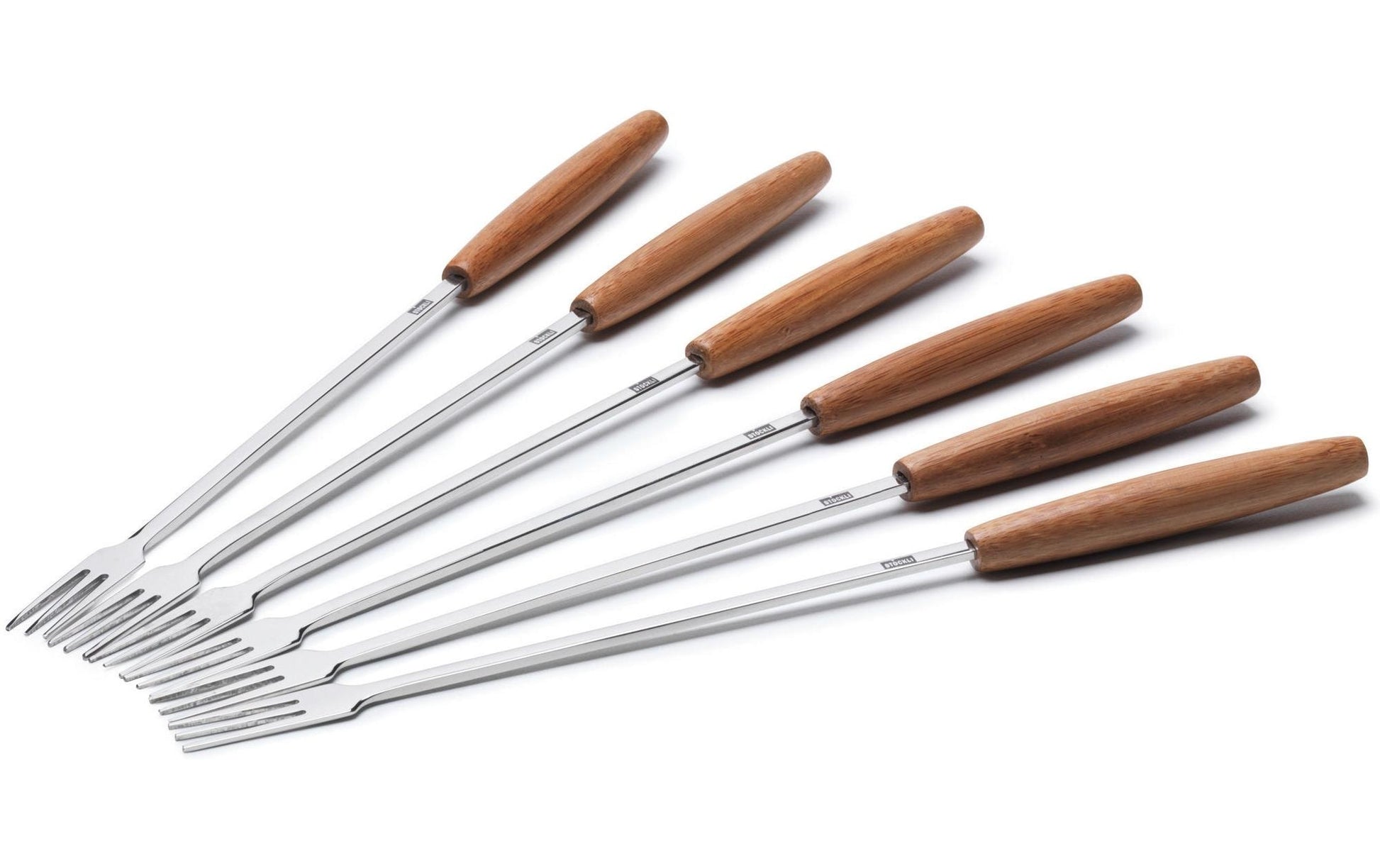 Stöckli Fonduegabeln – 6er-Set, 29 cm, Edelstahl, Bambusgriff, für Käsefondue