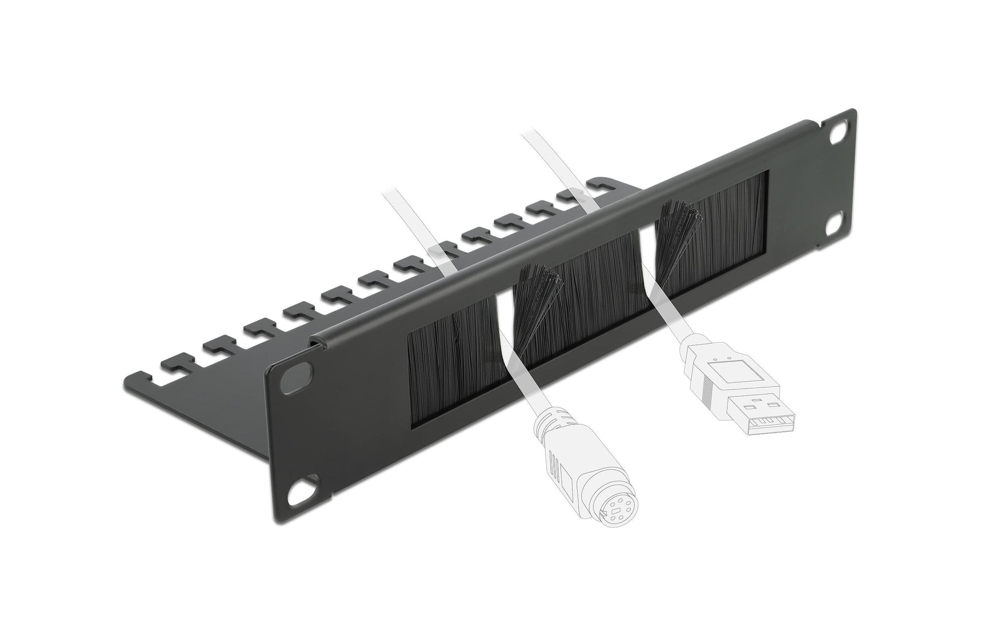 DeLOCK 19" 1U Rangierpanel, Bürstenleiste mit Kabelabfangplatte, Metall/Nylon – Schwarz
