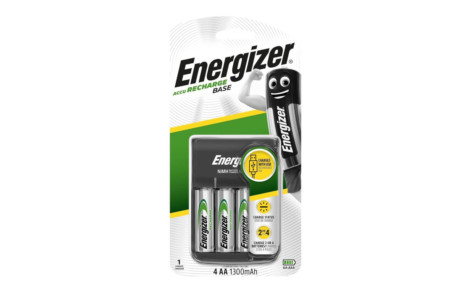 Energizer Base Charger Batterieladegerät 4× – für NiMH AA – 1300 mAh, Micro-USB