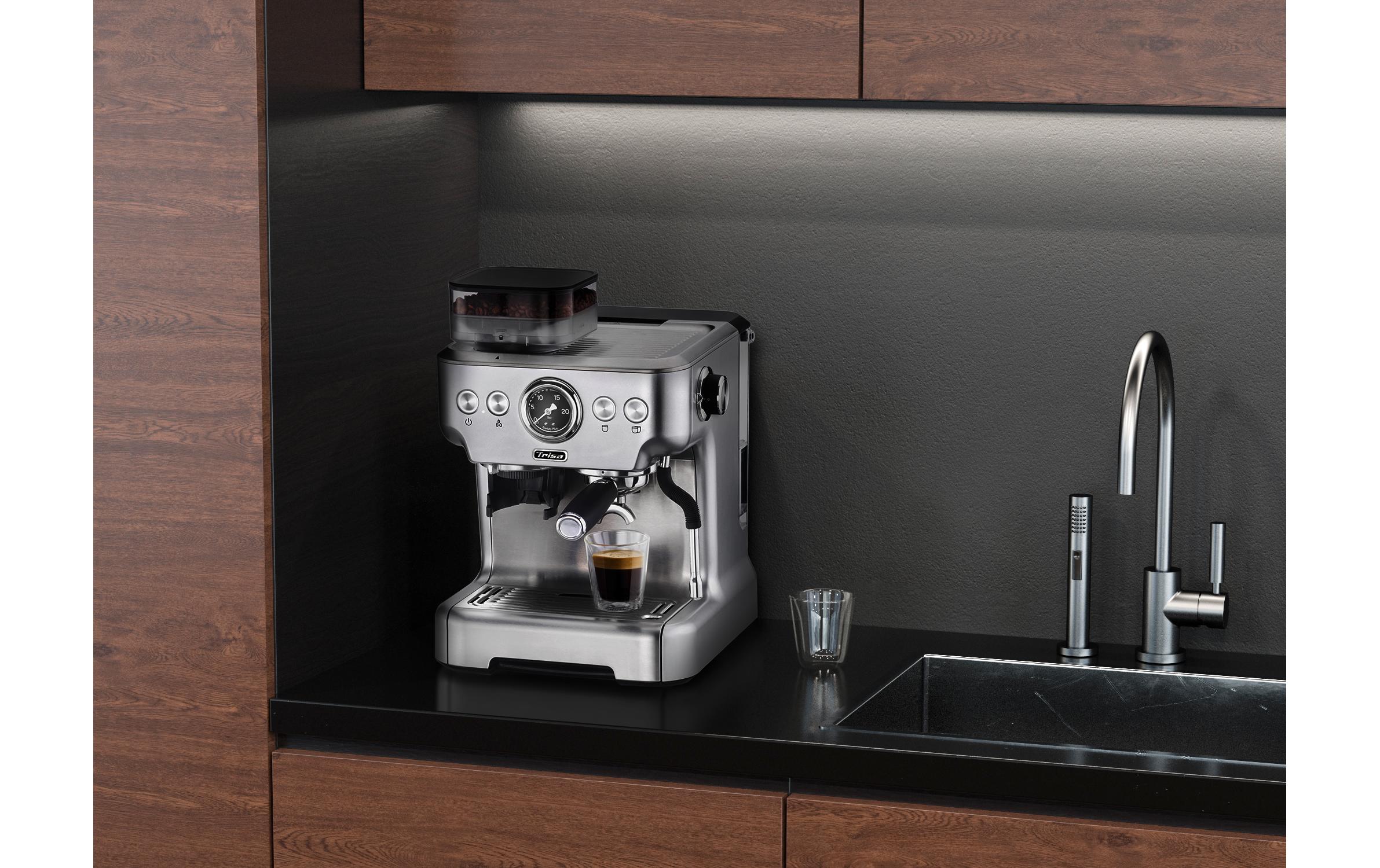 Trisa Espressomaschine (Siebträger) – 20 bar, 2,7 l, Milchschaumdüse, Silber/Schwarz