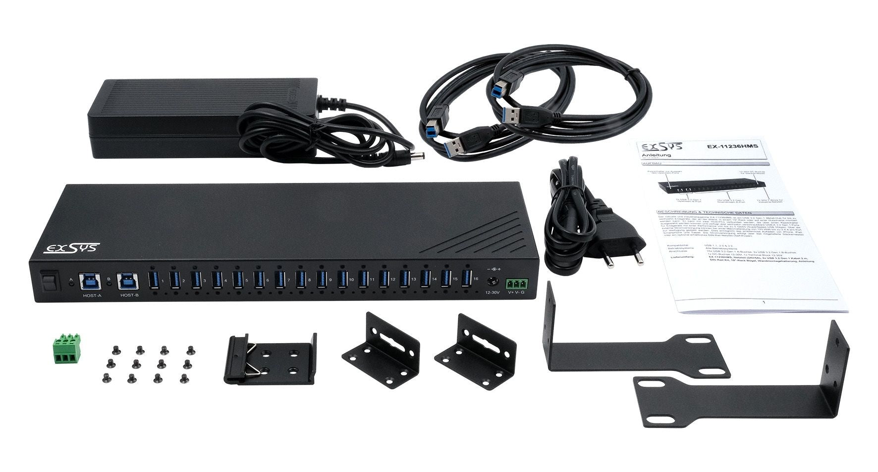 EXSYS EX-11236HMS USB-Hub – USB-B, 16× USB-A, 120 W PD, für Windows