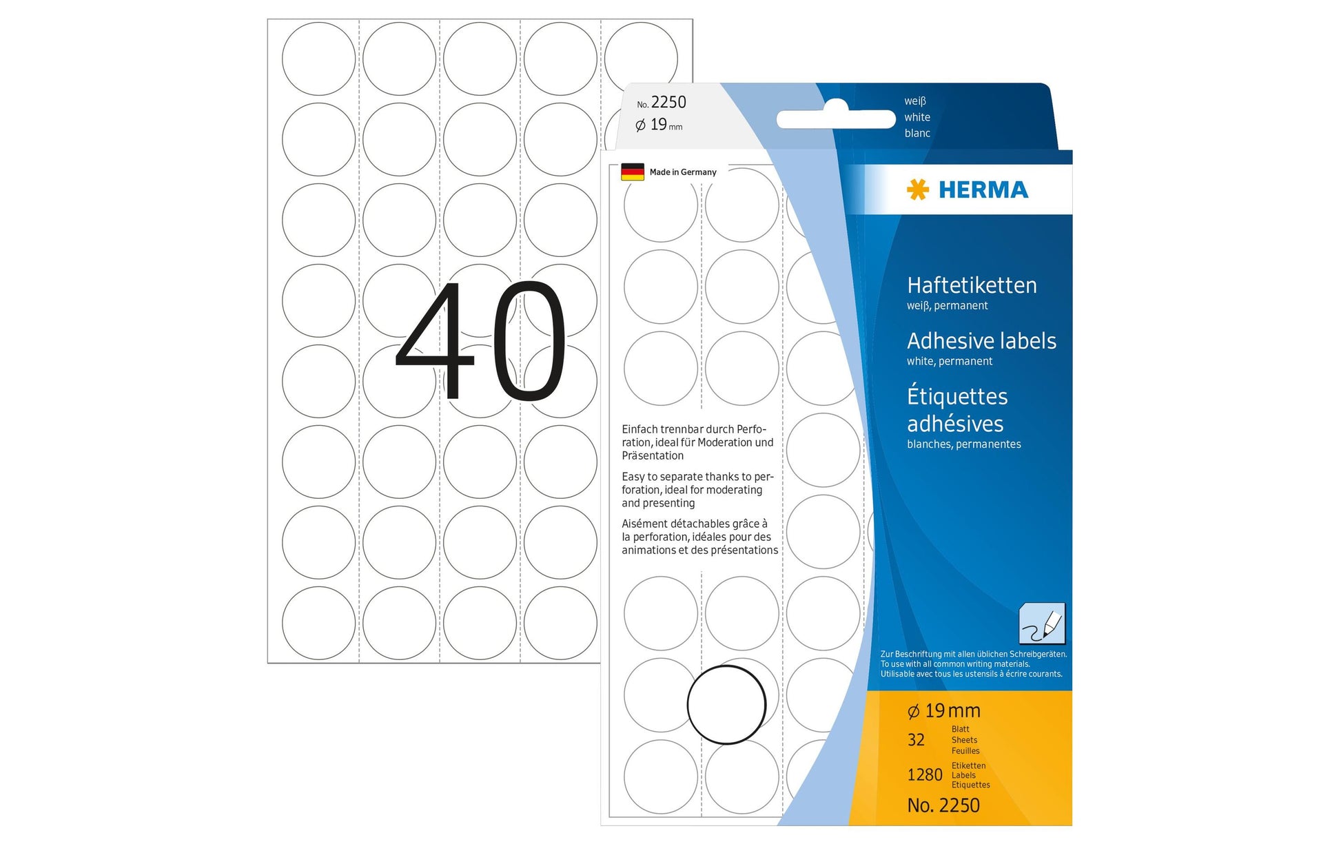HERMA Haftetiketten – Ø 19 mm, stark haftend, weiss, 32 Blatt (1'280 Stk.)