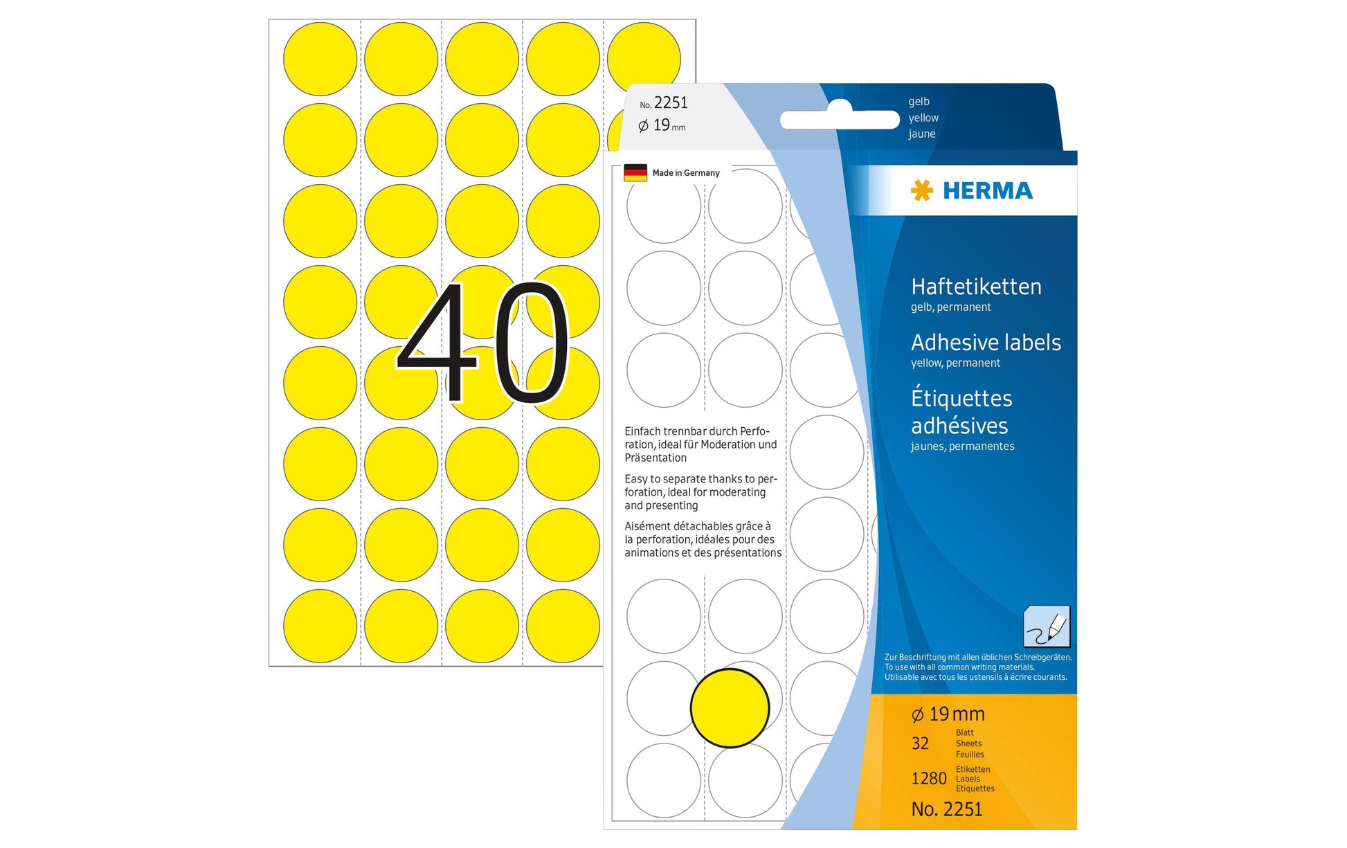 HERMA Haftetiketten – Ø 19 mm, permanent, gelb, 32 Blatt (1'280 Stk.)